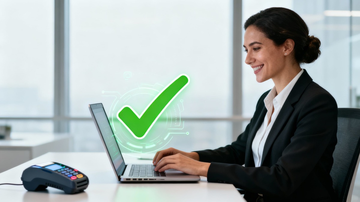 Business professional completing a secure digital payment on a laptop with a payment terminal